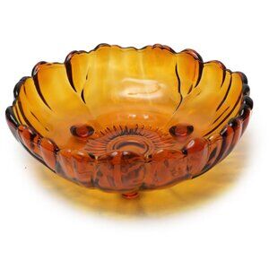 Vintage Amber Indiana Glass Salad Bowl Sunflower Center Footed Scalloped Edge